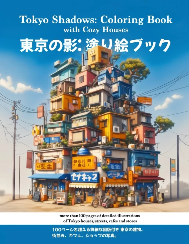"Tokyo Shadows: Coloring Book with Cozy Houses" more than 100 pages of detailed illustrations of Tokyo houses, streets, cafes and stores