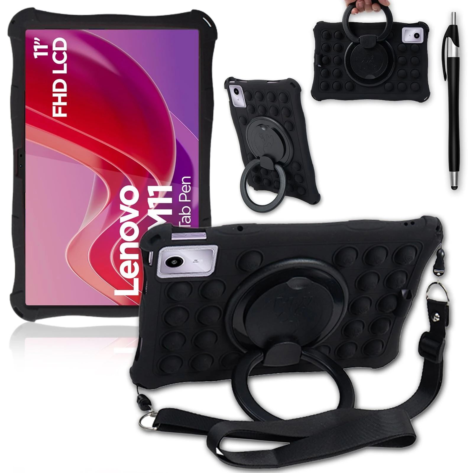 ATOOZ for Lenovo Tab M11 Case for Kids 11 inch,Silicone Bubble Cartoons Case for Lenovo Tab Idea Tab 11 Tablet (TB335/TB336/330/TB331) with 360° Rotatable Stand & Shoulder Straps & Stylus Pen (Black)