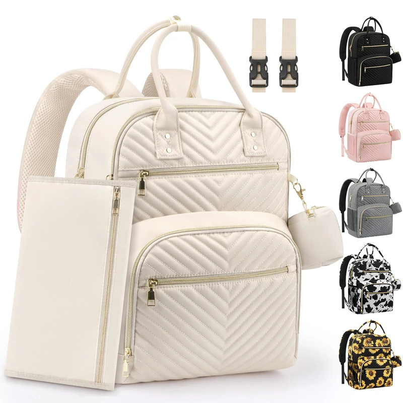 Pritent Diaper Bag Backpack,Baby Essentials Diapers Bag with Pacifier Case,Multipurpose Stylish Large Capacity Travel Backpack for Baby Girl/Boy(L-Beige)