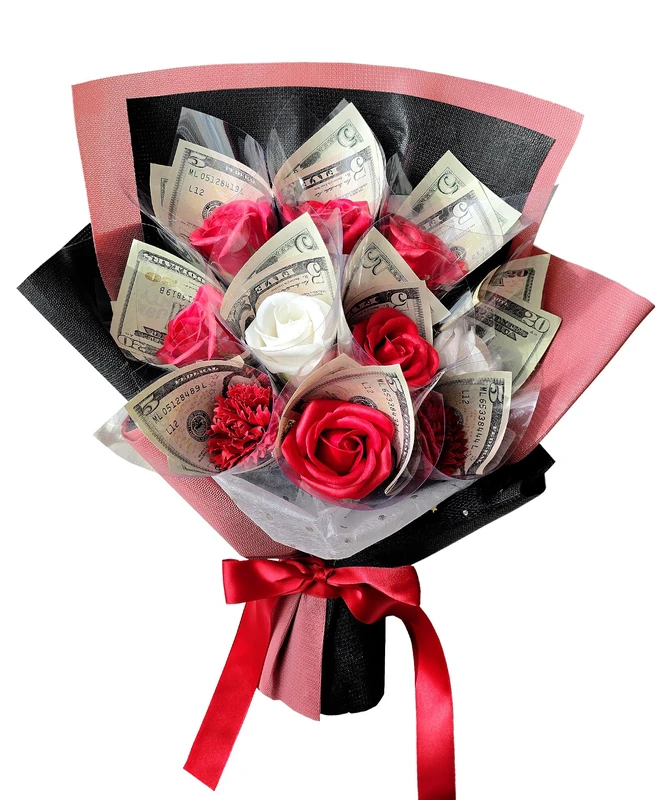 Ribbonbonbox Money Flower Bouquet - Artificial Bouquet of Flowers - Best Graduation, Birthday, Anniversary, Congratulations Money Box for Cash Rose (Red)