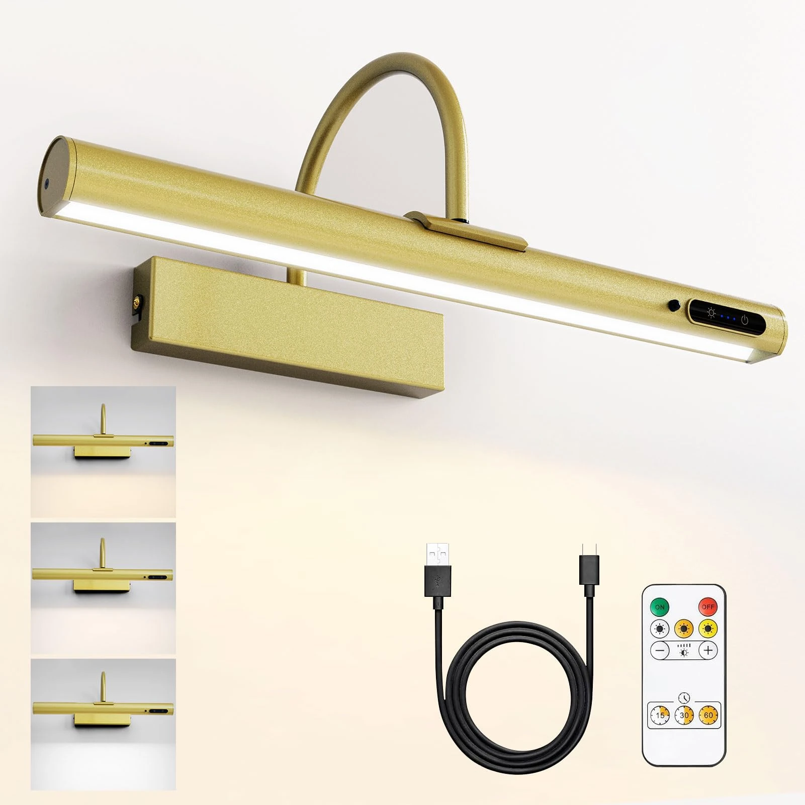 HARPER LIVING Wireless Picture Light, Rechargeable Battery Wall Lamp with Remote, 180° Adjustable Magnetic Painting Light with Timer LED Wall Sconce for Pictures Dartboard Artwork Gallery-Gold