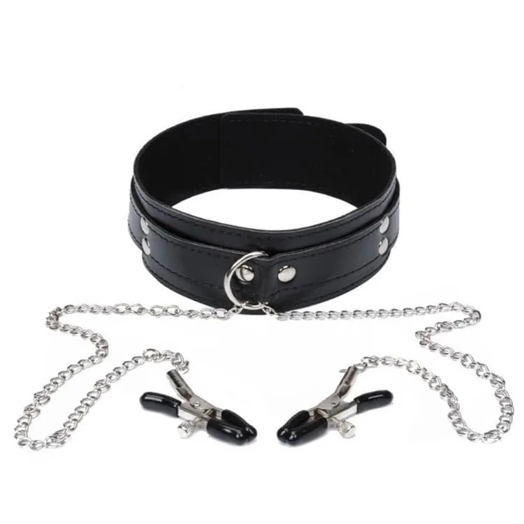 Leather Collar Choker Necklace Nipple Clamps Breast Clips Intimate Accessories for Couples Play Non-Piercing Nipple Pleasure Gear