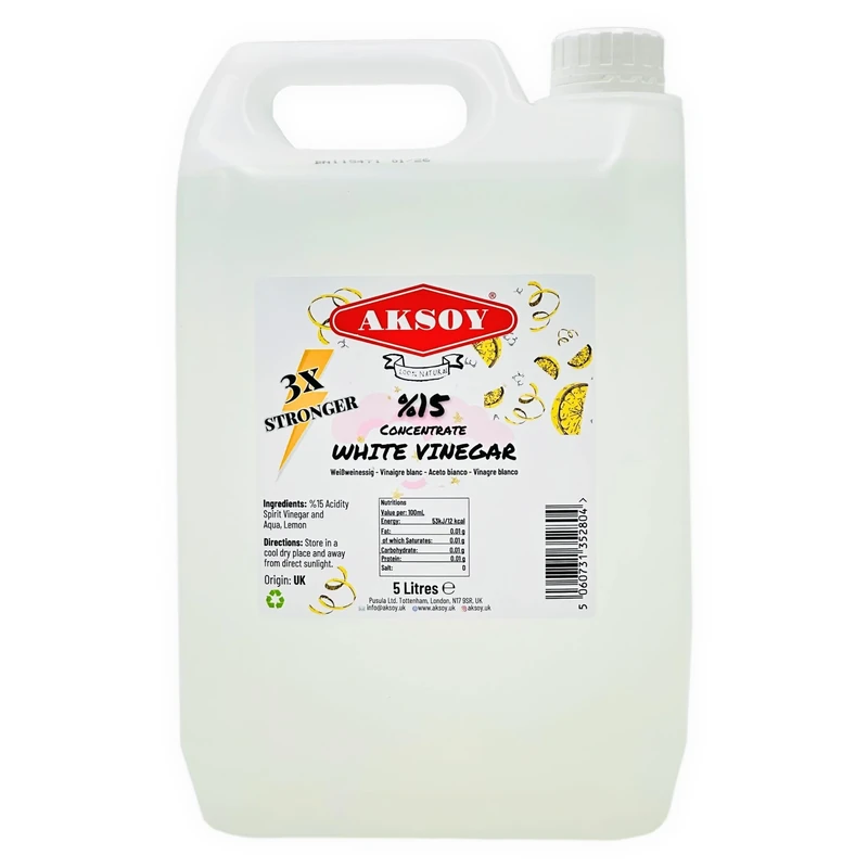 Aksoy Lemon White Vinegar 15% Concentrate 5LT | 3X Stronger Than Regular White Vinegar | Perfect for Cleaning, Tough Stains, Weed Killer, Descaling & Household Use