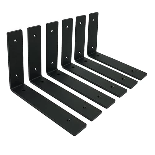 MLOQI Pack of 6 Shelf Brackets Black Shelf Brackets Heavy Duty Shelf Bracket Black Metal Wall Bracket Angle Shelf 0.5 cm Thick 20 cm