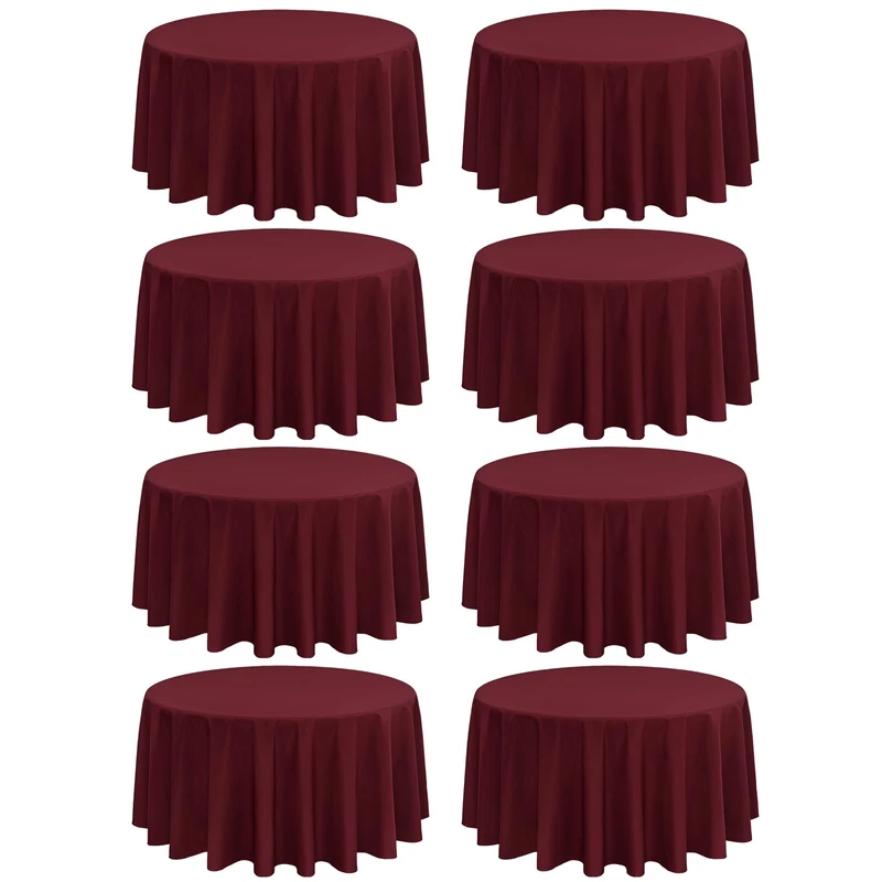 FXKS 8 Pack Burgundy Round Tablecloth 120 Inch Circle Polyester Table Cloth, Washable Fabric Stain and Wrinkle Resistant Table Cover Round Table Clothes for Wedding Parties Banquet Reception Dining