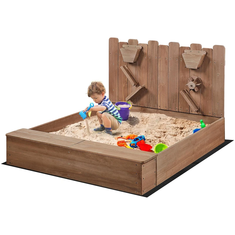 Yaheetech 134cm x 112.5cm (LxW) Wooden Outdoor Sandbox for kids Ages 3-8, Fir Wood Sand Pit for Backyard Garden,2 Storage Compartments, w/Funnel, Liner, Chutes, Spinning Wheel