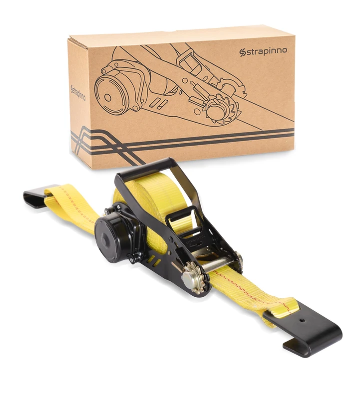 STRAPINNO Retractable Ratchet Tie-Down Strap - 2 in x 27 ft Heavy-Duty Strap with Flat Hooks, Tangle-Free Webbing, 10,000 lbs Breaking Strength, and 3,333lbs Working Load Limit (1 PC)