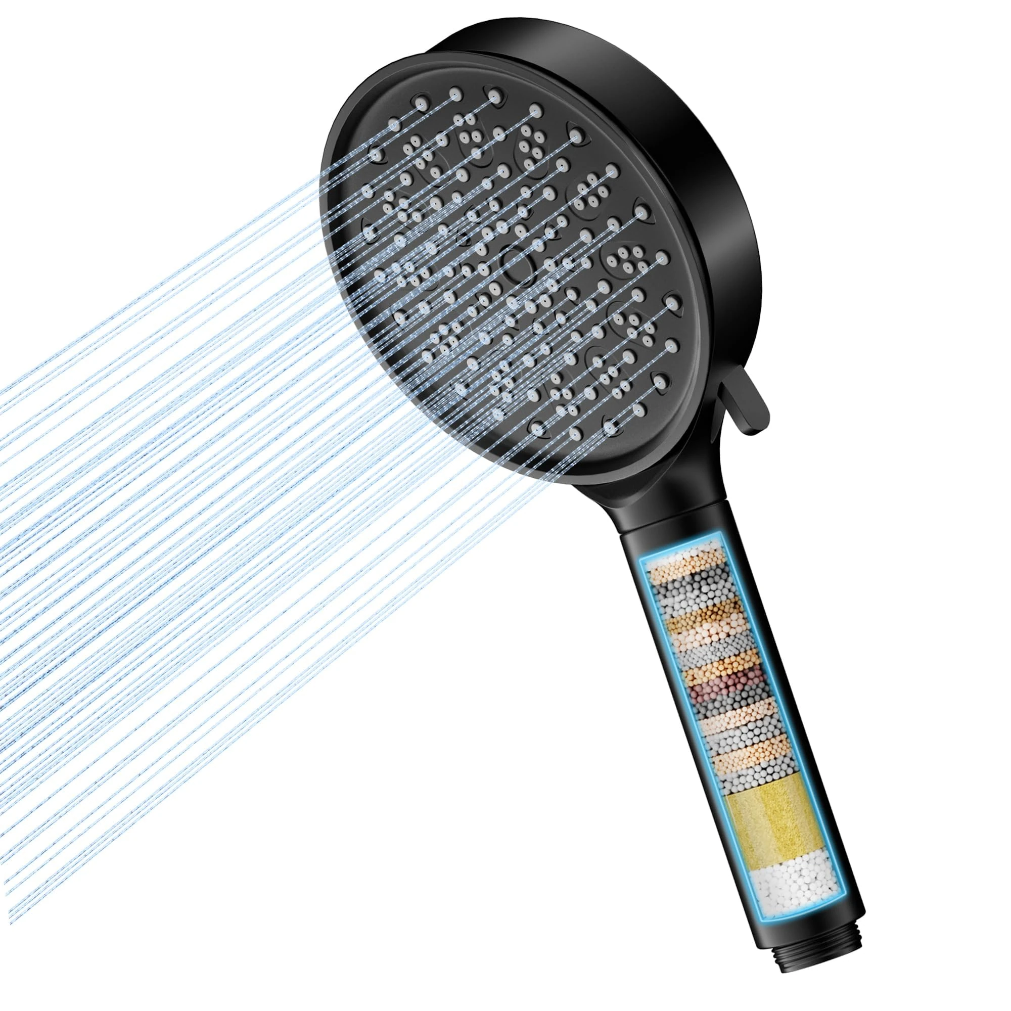 Hard Water Filter Shower Head with 6 Spray Modes, High Pressure Water Saving Shower Head with 20 Layers Filtration, Power Shower Heads with Showerhead Filter for Residual Chlorine Remove, Black