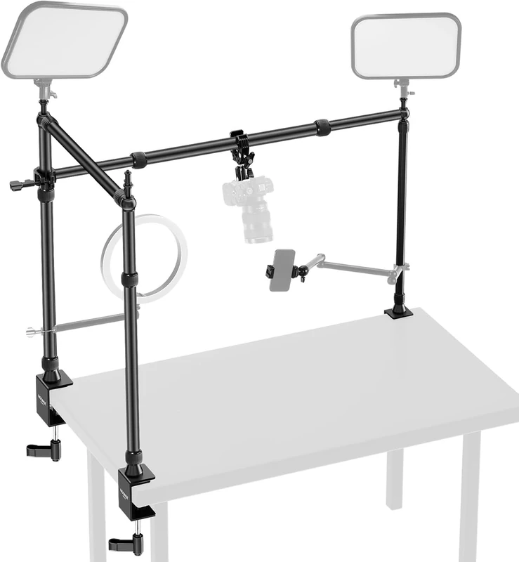 NEEWER Overhead Camera Mount Rig with Dual Ball Head Super Clamp/Phone Holder/C Clamp for Desktop Top Down Shots, Metal Multi Device Mount Platform for Photography Live Streaming Video Making, NK003