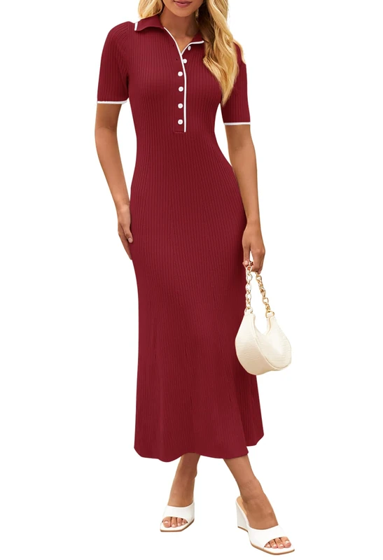 Merokeety Women's V Neck Ribbed Knit Maxi Dress Button Short Sleeve Slim Fit Bodycon Sweater Dress, Wine, S