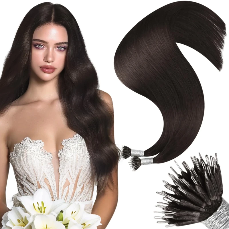 Moresoo Nano Beads Hair Extension Real Human Hair 24 Inch Darkest Brown Nano Tips Human Hair Extensions Longer Hair Nano Ring Hair Extensions 1g/s 50g/Pack #2