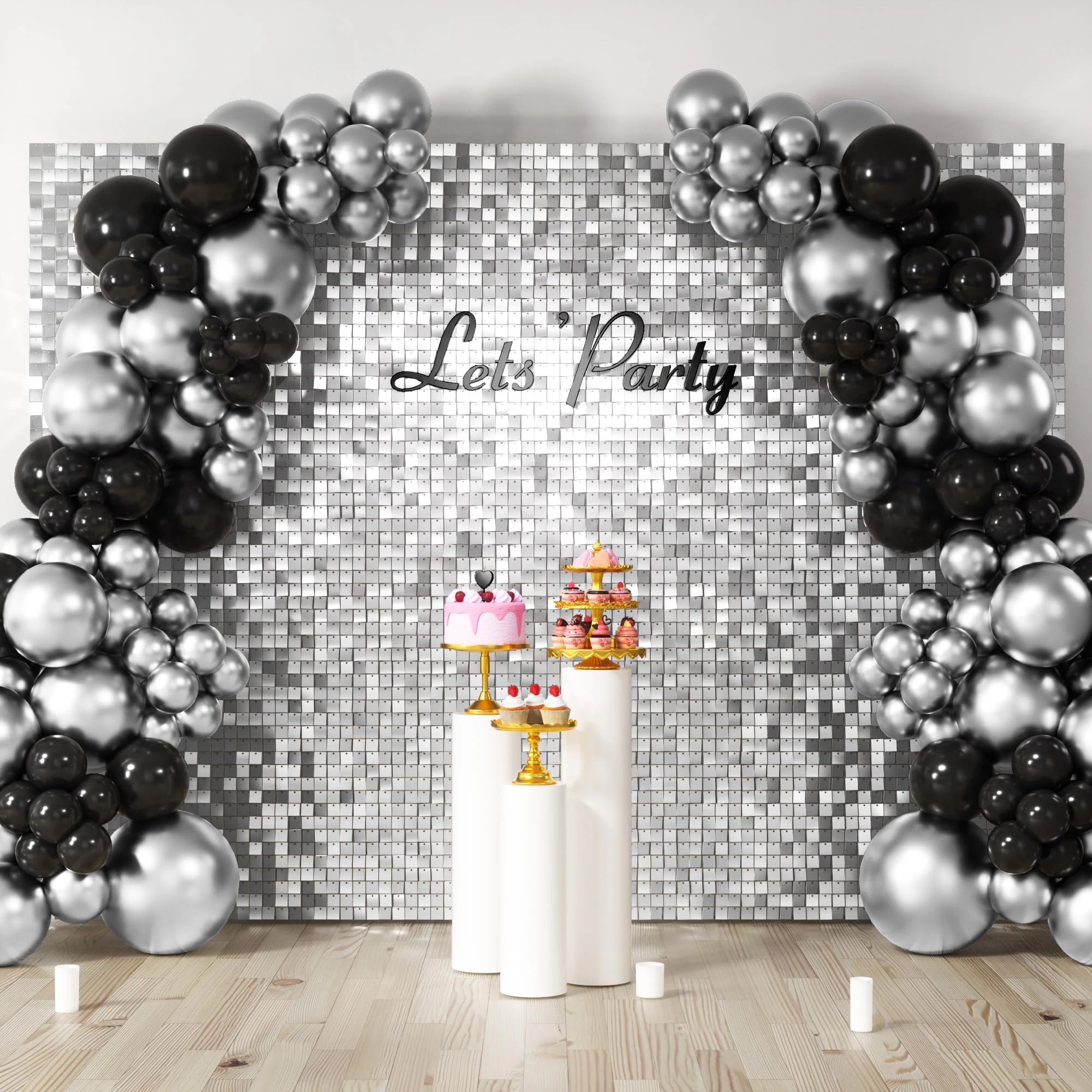 COKAOBE Silver Shimmer Wall Backdrop, 48PCS Square Sequin Shimmer Backdrop Panel, Photo Backdrops for Birthday, Anniversary, Wedding, Graduation & Bachelorette Party Decoration
