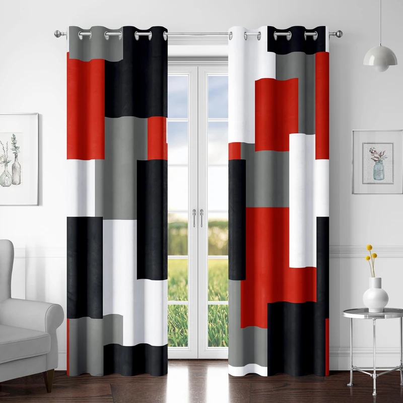 Tyrot Red Black 100% Blackout Curtains for Bedroom 96 inch Long 2 Panels Set White Grey Modern Abstract Geometric Black Out Curtains Insulated Room Darkening Window Drapes for Living Room, 52Wx96L - Image 1