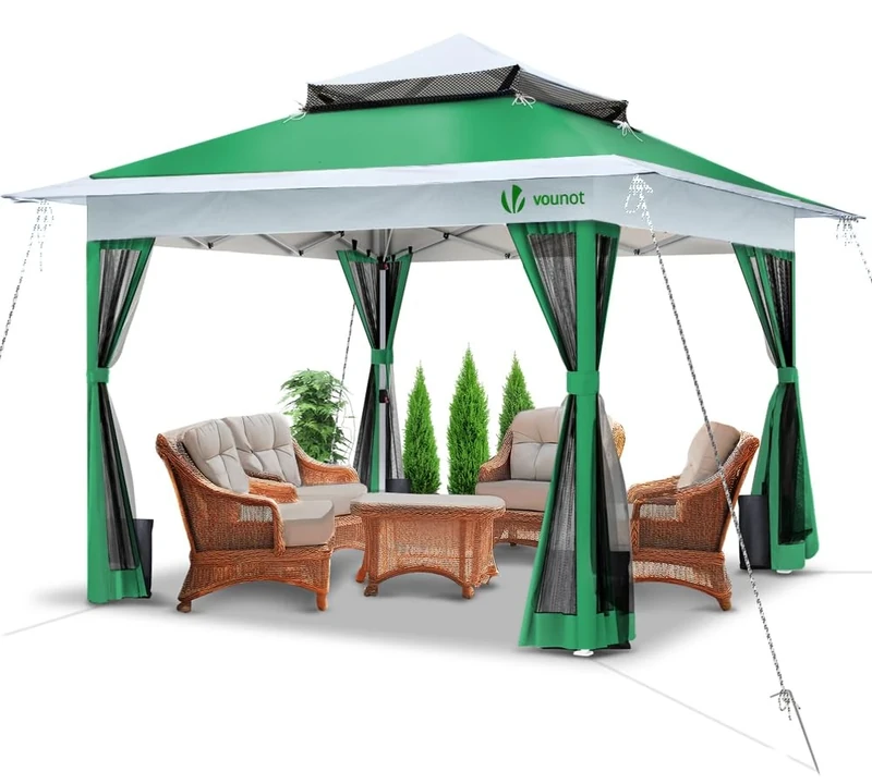 VOUNOT 3.6m x 3.6m Pop Up Gazebo with Mesh Sides, Garden Double Roof Marquee Party Tent with Leg Weights & Roller Bag, Green