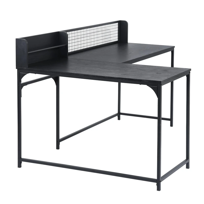 FurnitureR L Shaped Corner Desk Industrial Computer Table Large Storage Surface with Metal Legs, Computer Workstation Study Gaming Desk for Home Office, Black R