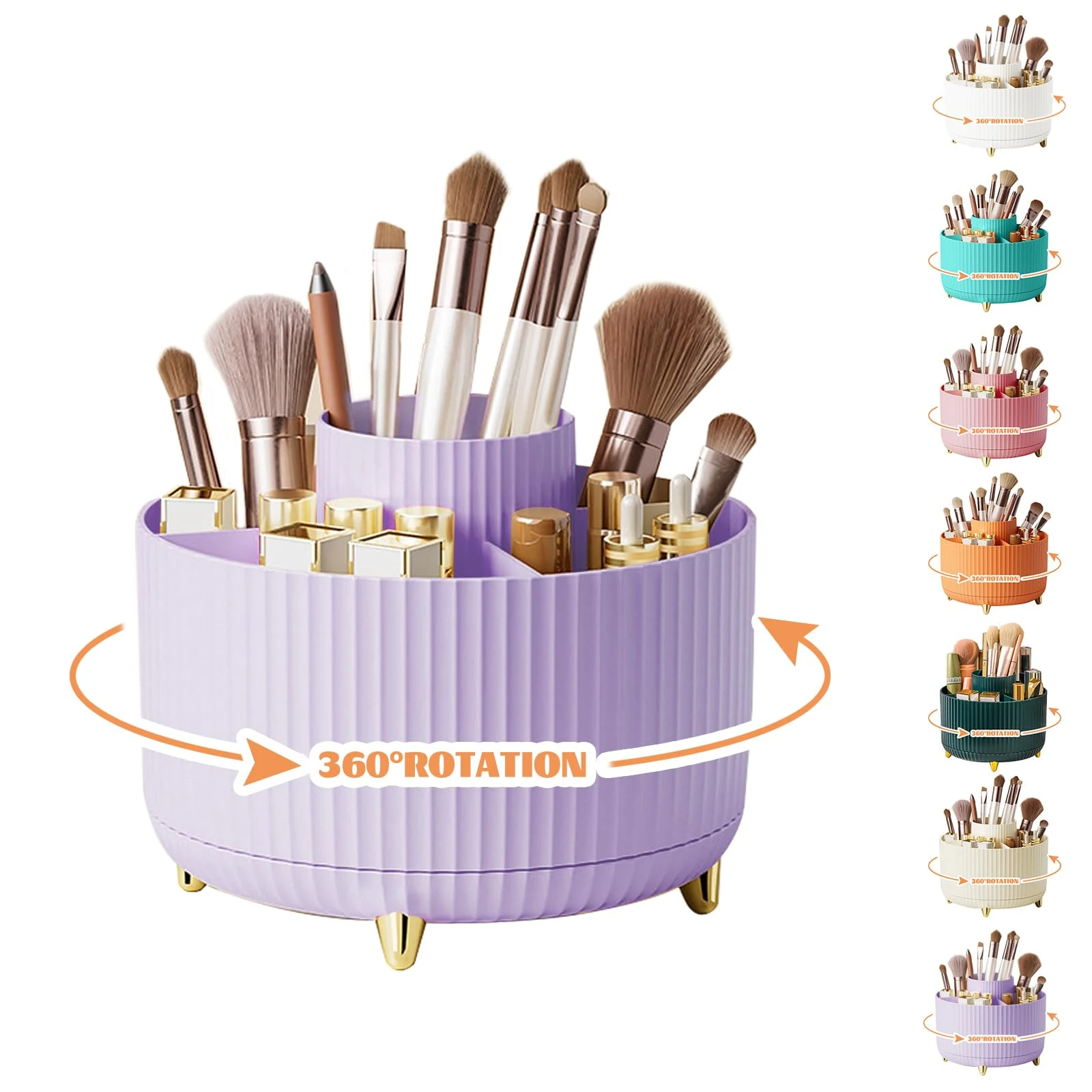 360° Rotating Makeup Organiser, Make Up Brush Holder with 5 Compartments, Desk Storage Container for Bedroom Dressing Table Cosmetics Organizer, Office Stationery Storage, Desktop Pen Holders (Purple)