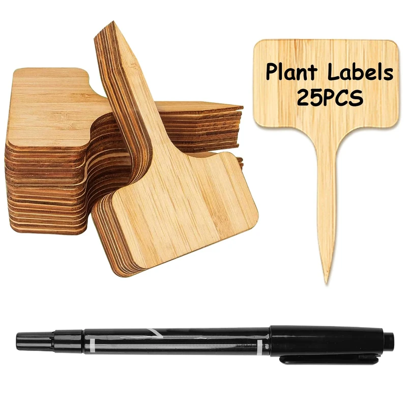 DOETYD Bamboo Plant Labels Plant Tags Plant Markers Potted Markers Marker Pen. Plant Tags are Used for Garden Potted Seed Vegetables Herb and Flower Outdoor (25PCS Labels 1PCS Marker Pen)