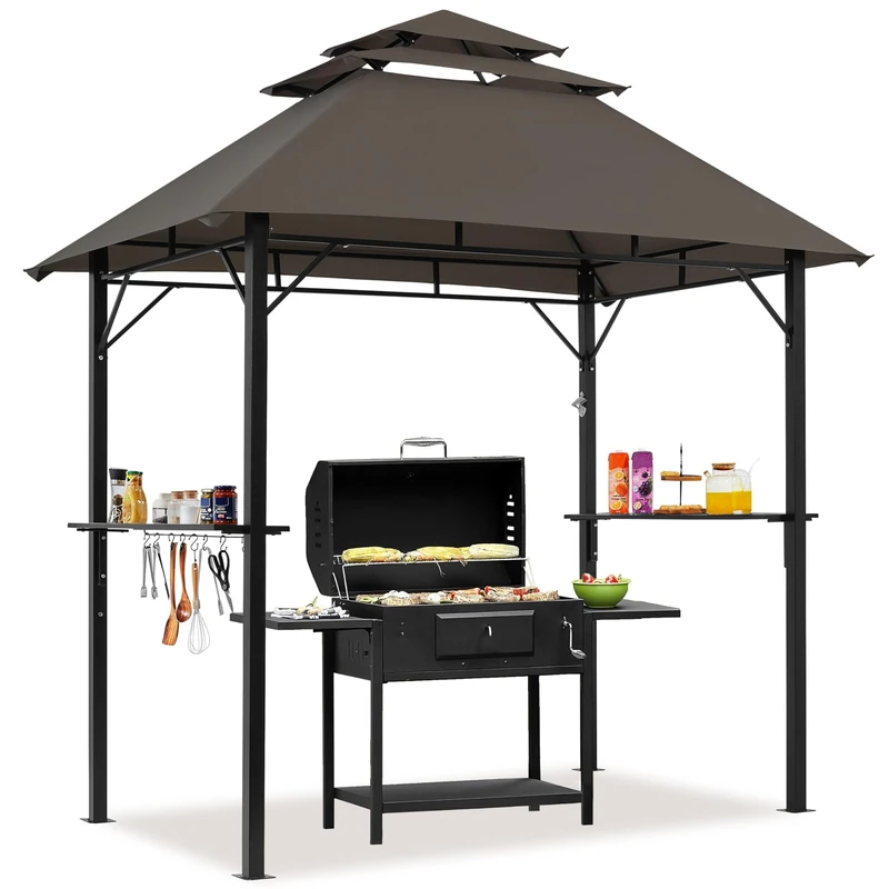 Yaheetech Grill Gazebo, 3-tier Outdoor BBQ Gazebo with Height-adjustable Shelves & 10 S-shaped Hooks & Built-in Bottle Opener, 2.4x1.5m, Brown - Image 1