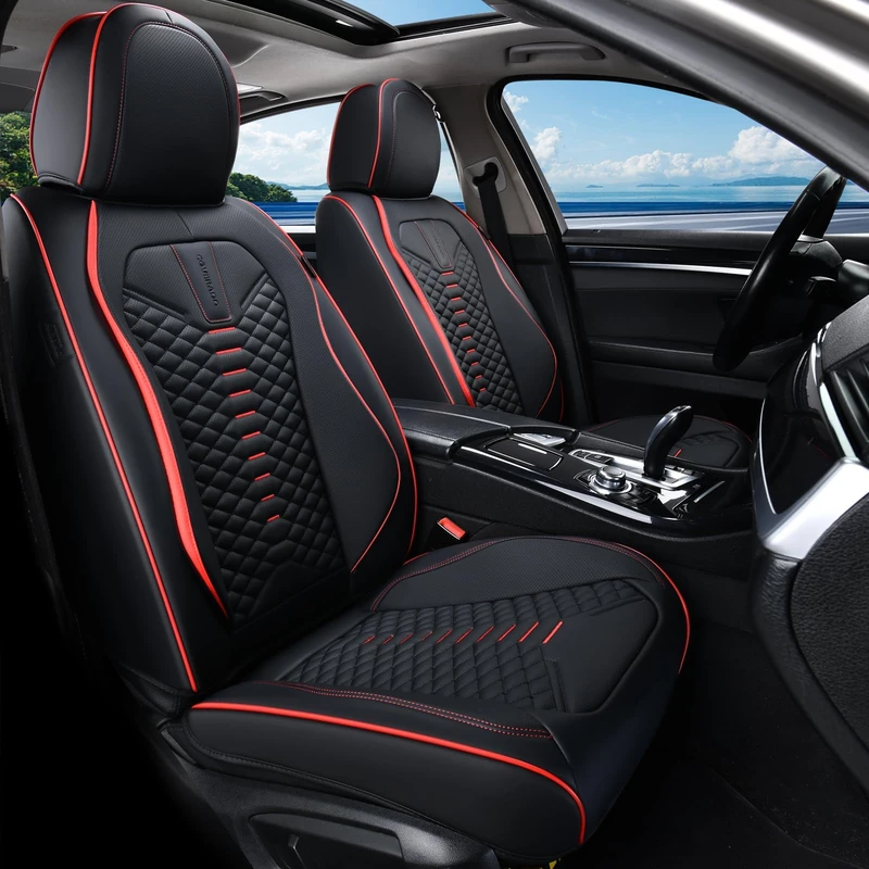 Coverado Car Seat Covers, Universal Fit, Black&Red, 2 Pack, Waterproof Nappa Leather & Leatherette, Compatible with Most Cars, Front Seat Cover, Automotive Seat Covers