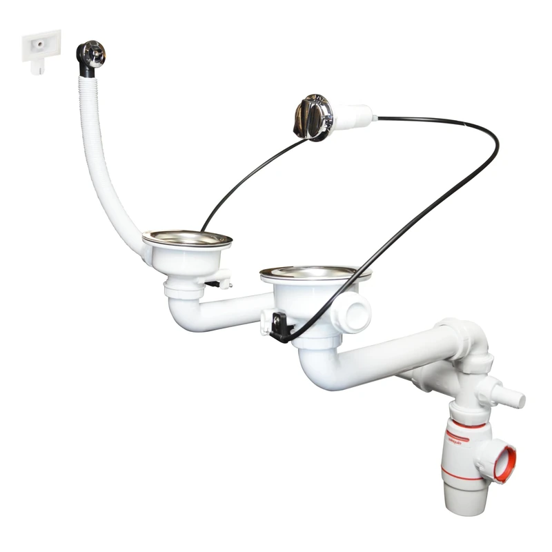 Wirquin 30724378 Ensemble complet bonde Pour évier 2 bacs avec Siphon Néo Air, chromé et Blanc Set for Sink Waste Basins Neo White, Chrome-Plated