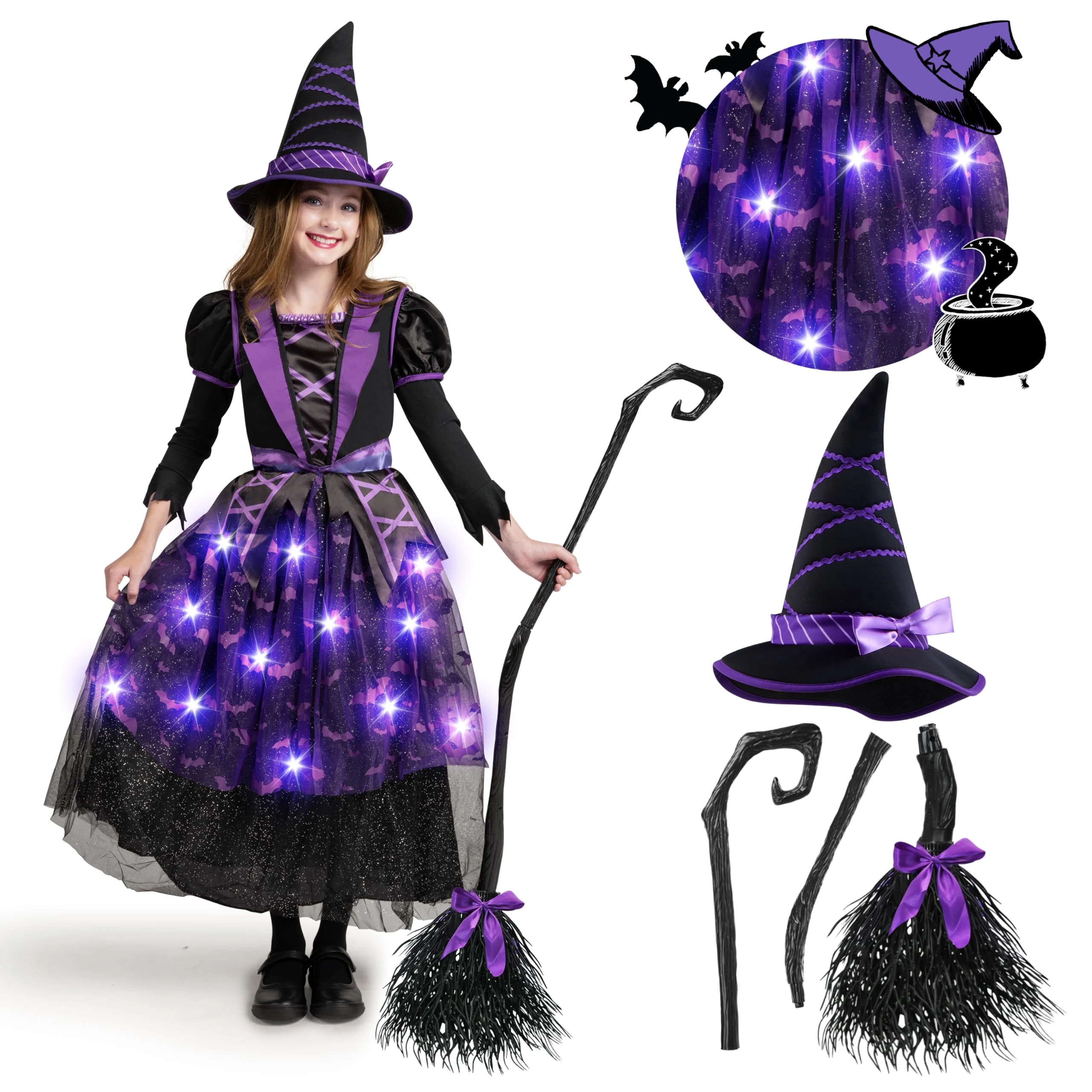 Spooktacular Creations Halloween Witch Costume Kids, Light Up Witch Dress with Hat and Broom for Girls, Toddlers Bat Costume Set for Halloween Costumes Role Play Parties, Purple (Large(10-12 yrs))