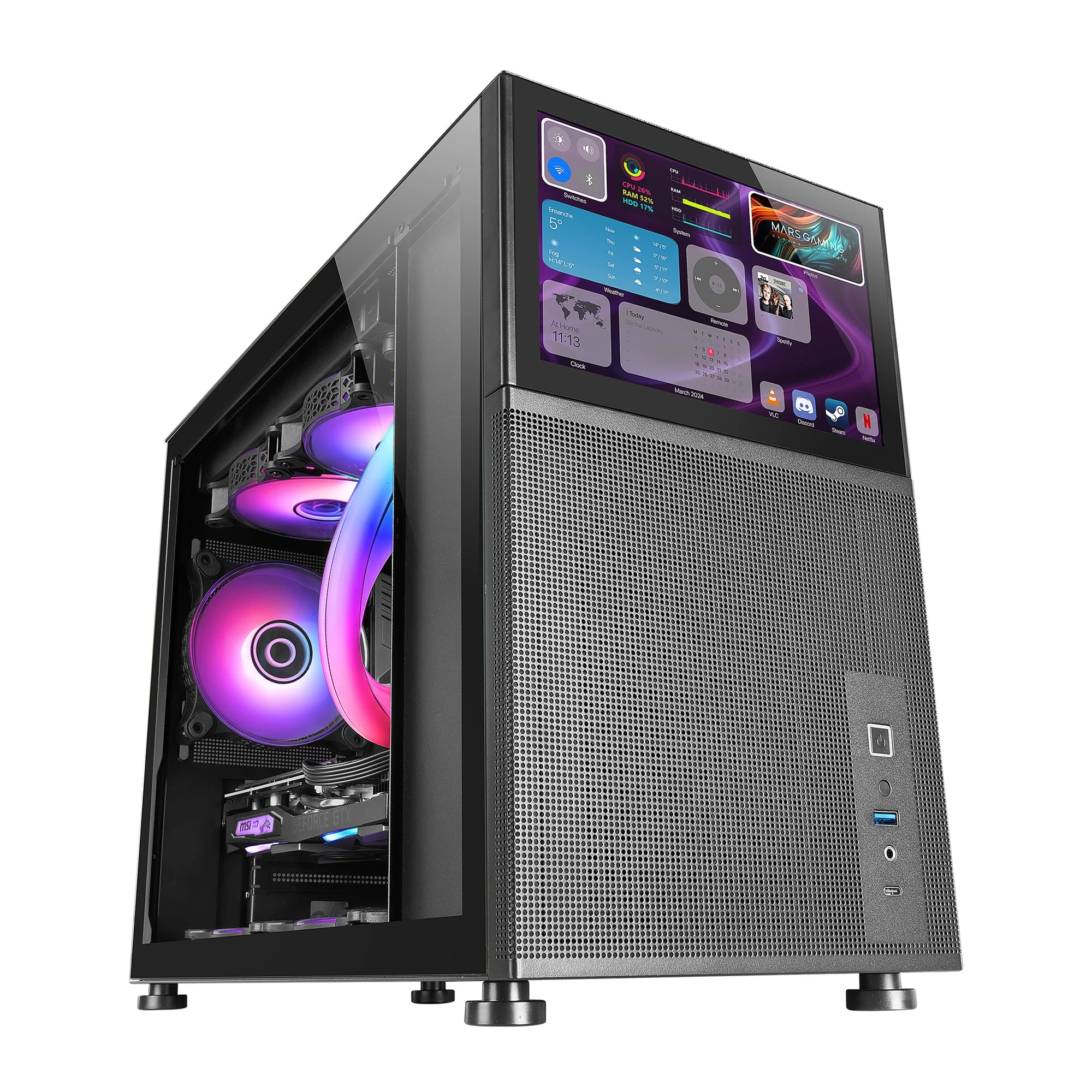 Mars Gaming MC-LCD, Compact Micro-ATX PC Case, 8" IPS LCD Display, Side, Top and Front Mesh Grille, Tempered Glass Side Window, Mini Gaming Tower with Modular Panel Design, Black