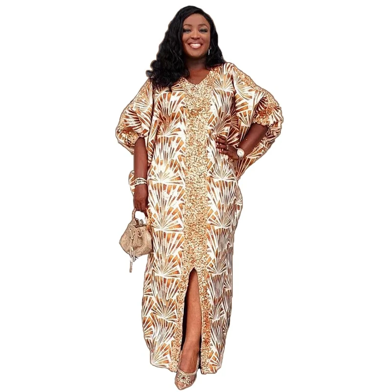 HD Women's Sequin African Bubu Dress Boat Neck Kaftan Dress Floor-Length Caftan Gown Plus Size, Champagne-36, One Size