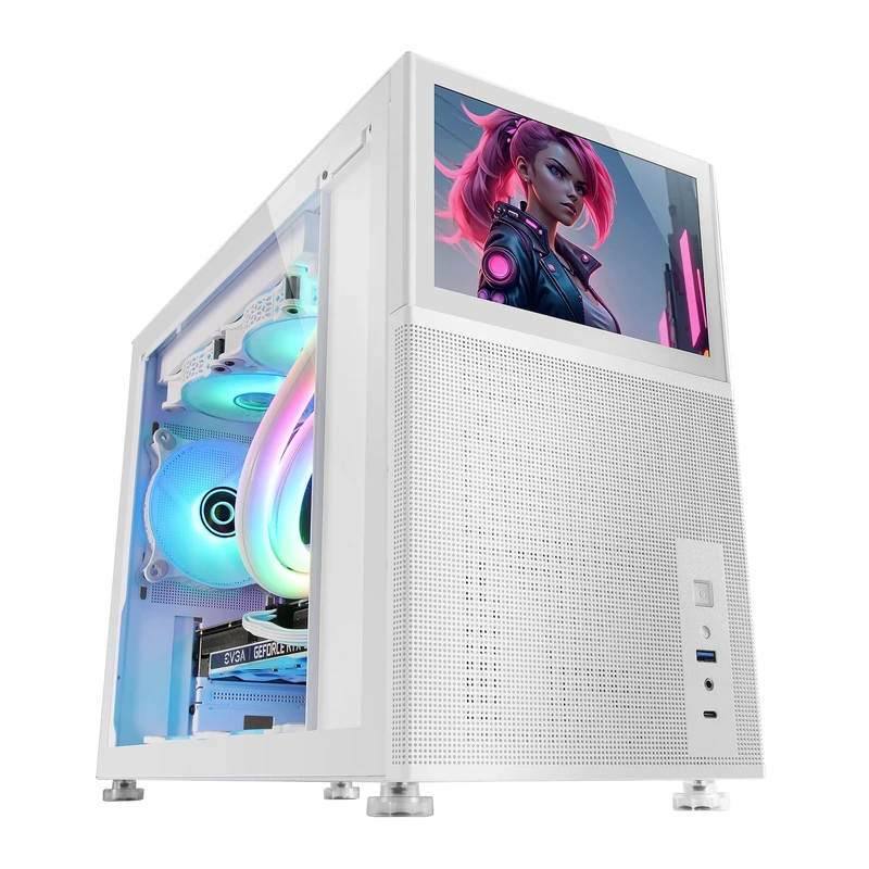 Mars Gaming MC-LCD, Compact Micro-ATX PC Case, 8" IPS LCD Display, Side, Top and Front Mesh Grille, Tempered Glass Side Window, Mini Gaming Tower with Modular Panel Design, White