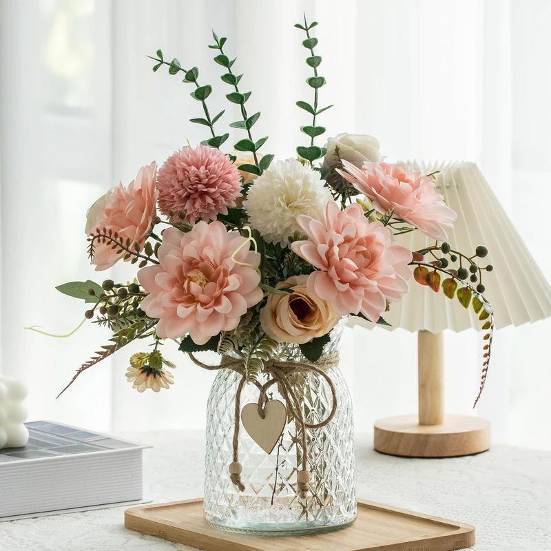 Aubcee 3 Pack Set Fake Flowers, Faux Pink Dahlia Artificial Flowers with Vase for Home Decor, Coffee Table & Living Room Plant Décor