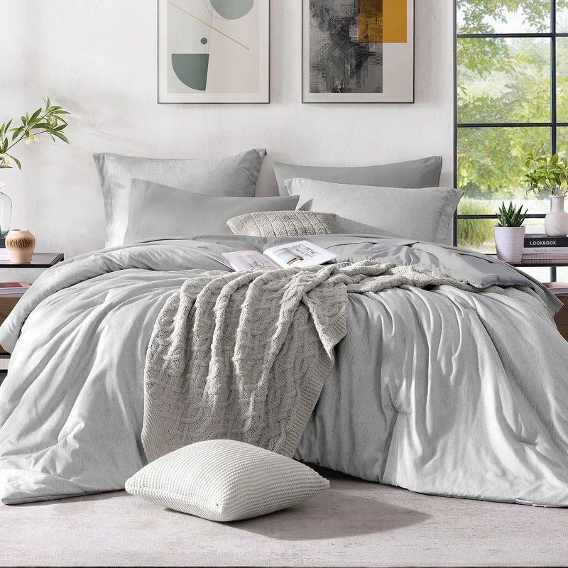 Monbix Full Comforter Set 7 Pieces Light Grey Cationic Dyeing Bed in a Bag