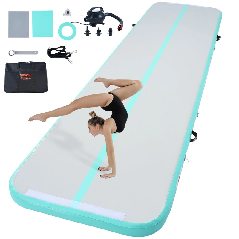 VEVOR Inflatable Gymnastics Mat 10cm Thick, Stunt Track with Electric Pump, Exercise Mat for Home Use/Gym/Yoga/Cheerleading/Beach/Park, 4m, Mint Green