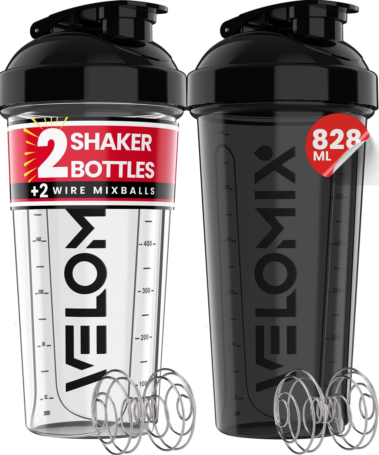 VELOMIX -2 PACK- 828ml Protein Shaker Bottle - 2x Wire Mixball for Lump-Free Shakes | Leak Proof Shaker for Protein Shakes | Protein Shake Bottle for Mixing Powdered Shakes | BPA-Free Shaker Cup
