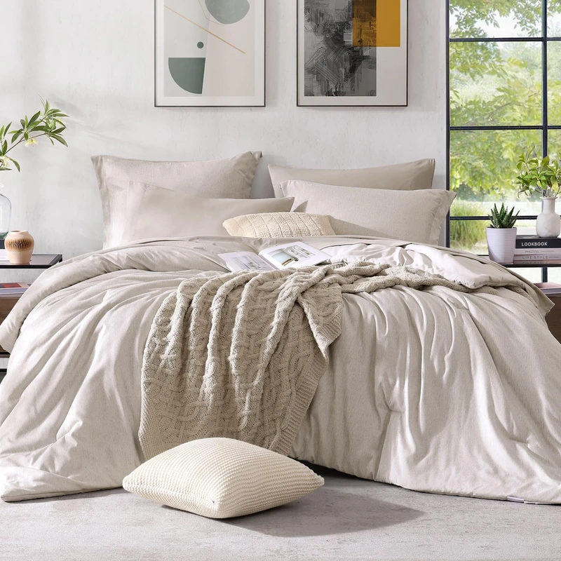 Monbix Full Size Comforter Set 7 Pieces Oatmeal Beige Bed in a Bag