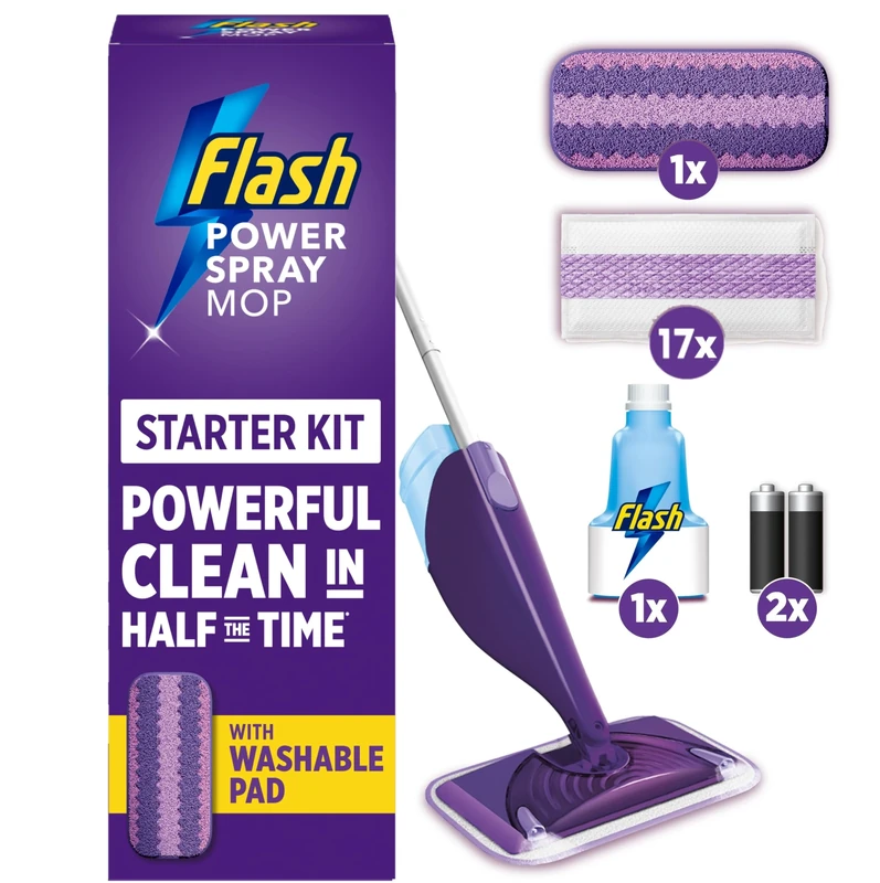 Flash Power Spray Mop Floor Cleaner Starter Kit (1 Washable + 17 Disposable Pads), All-In-One System For Your Floors