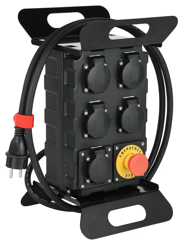 Electraline 60427 Building Site Box 16A, 5 French Sockets IP44 16A, with Differential Circuit Breaker 30mA and Stop Push Button, Cable H07RN-F 3G2.5 mm Length 2 m
