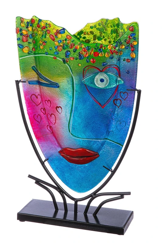 GILDE GLAS art Large Decorative Vase Face Vase - Hand-Painted Glass Vase with Metal Stand - Decoration Living Room Height 49 cm Multi-Coloured