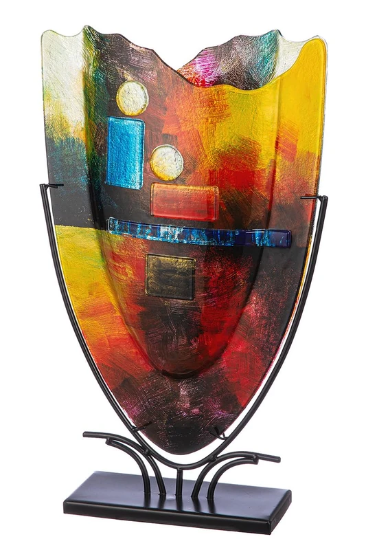 GILDE GLAS art Large Decorative Vase - Hand-Painted Glass Vase with Metal Stand - Decoration Living Room Height 58 cm Multicoloured