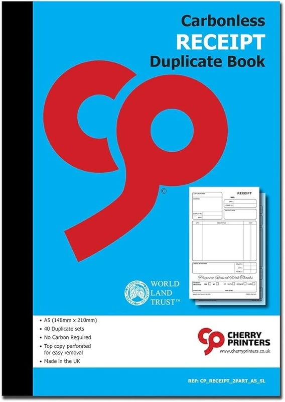 Cherry Printers | Carbonless NCR | Receipt Book | Duplicate | 2pt A5 (148 x 210 millimetres) S+L | Perfect for Small Businesses | **8 Pack**