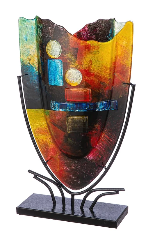 GILDE GLAS art Large Decorative Vase - Hand-Painted Glass Vase with Metal Stand - Decoration Living Room Height 49 cm Multi-Coloured