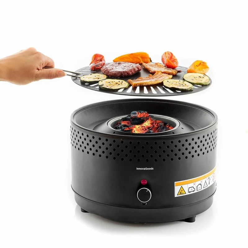 InnovaGoods® Tabletop Barbecue, Smoke and Odour Free Charcoal Barbecue Portable Grill for Indoor/Outdoor Cooking with Convenience, Adaptable with Batteries or USB-C Connection