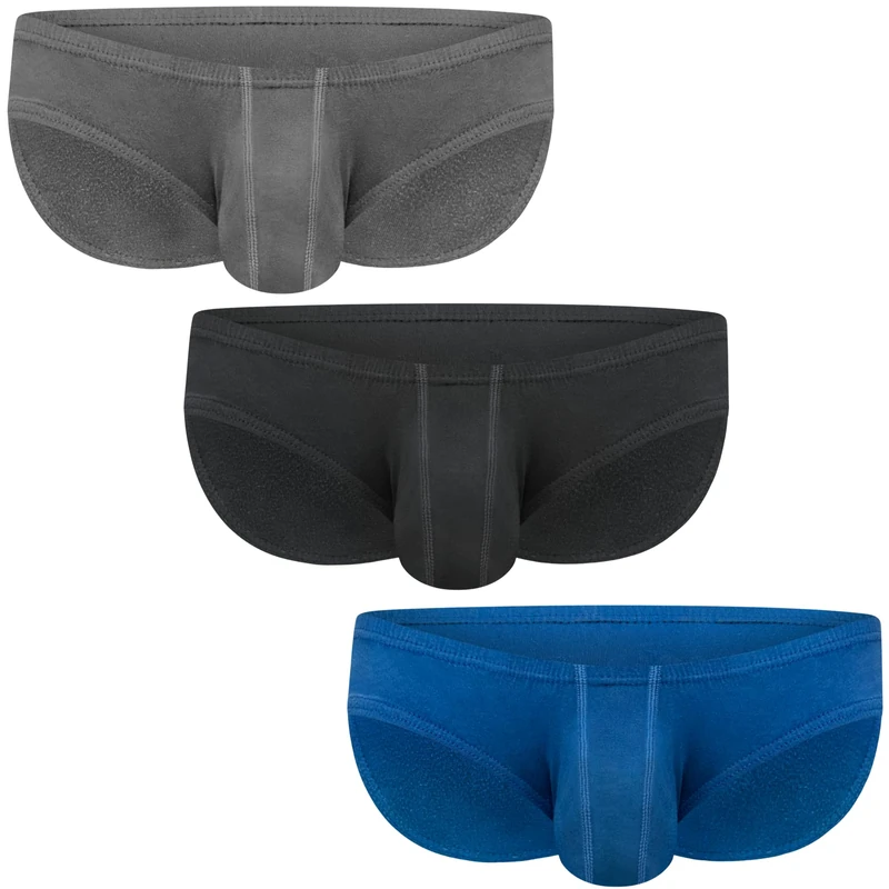 Real Men Ares-Accent Low-Rise Pouch Bikini Brief – 1, 3, 6 Pack with Size ABCD Pouch XS - 5XL, 3 Pack- Black/Blue/Gray, L