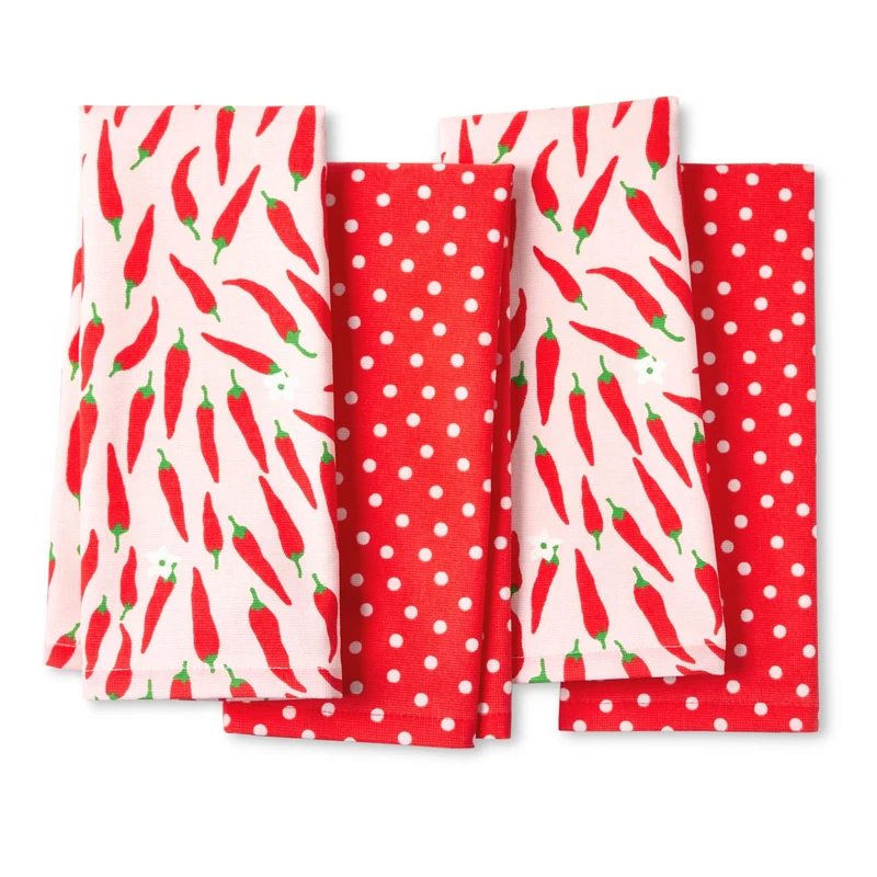 Kate Spade New York Hot Hot Hot Peppers and Spring Time Dot Kitchen Towels 4-Pack Set, Absorbent 100% Cotton, Red/Pink, 17"x28"