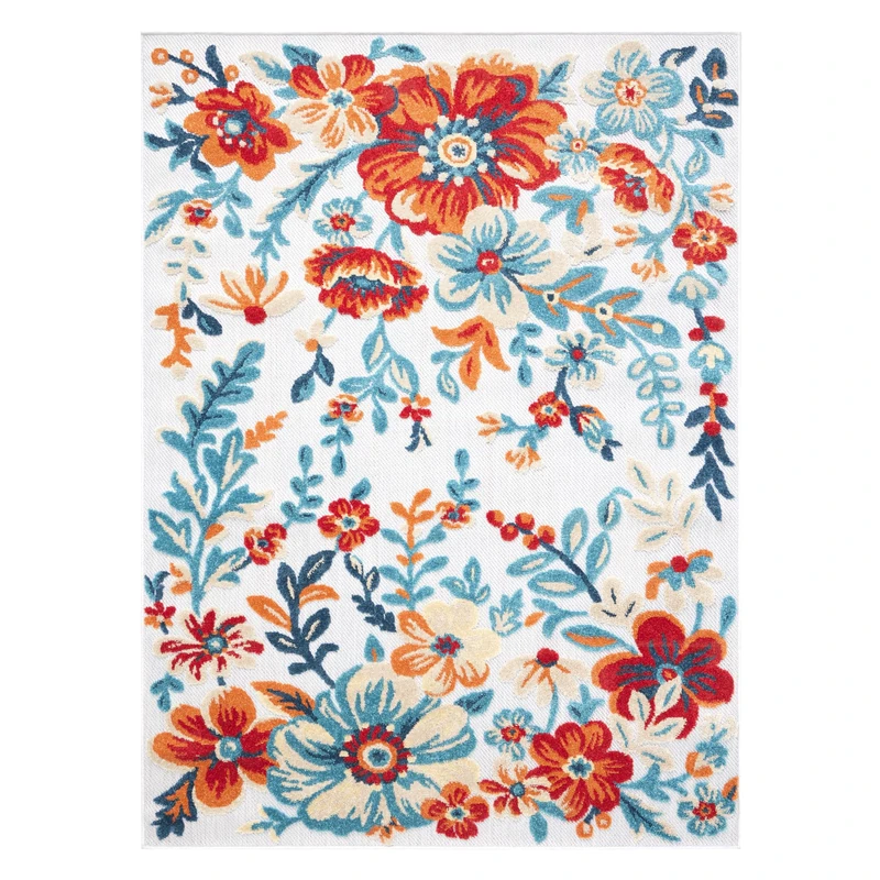 TOWN & COUNTRY EVERYDAY Hibiscus Bloom Modern Floral Indoor Outdoor Area Rug, UV Fade Resistant, High-Low Pile, Ivory/Red/Blue, 3'11"x5'2" - Image 1