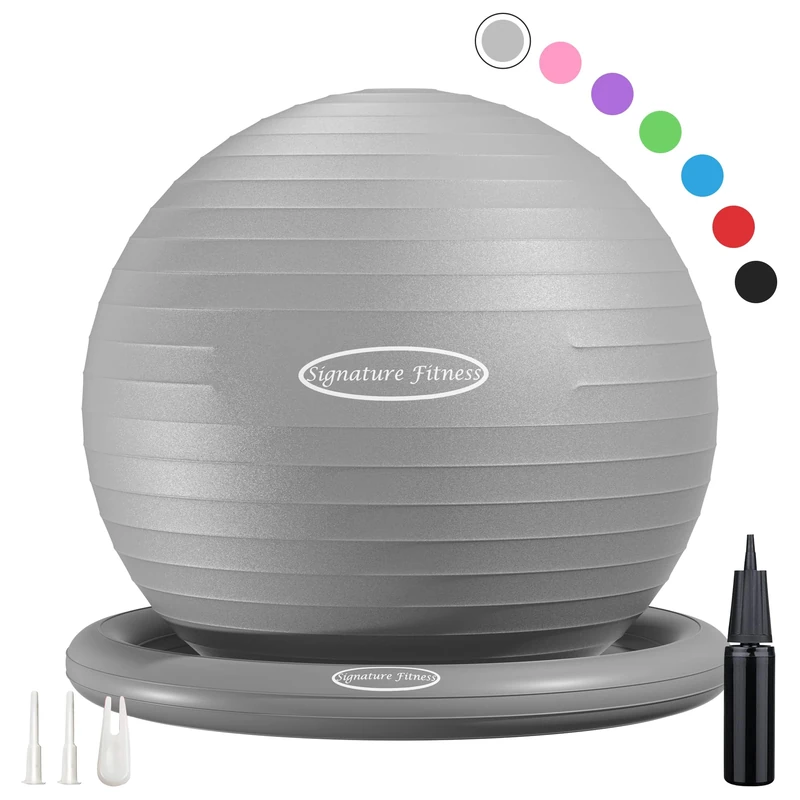 Fitvids Balance Ball with Inflatable Ring Base Kits, 65cm 26-inch Anti-Burst and Slip Resistant Exercise Yoga Chair for Home or Office Desk, Includes Air Pump, Gray