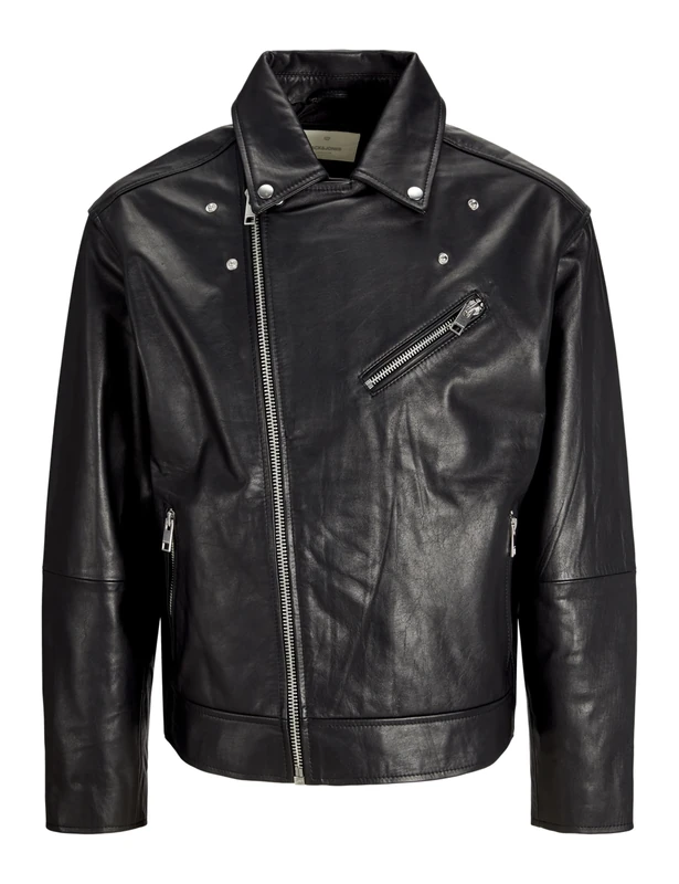 JACK & JONES Men's Jprccvince Leather Biker Jacket, Black, S