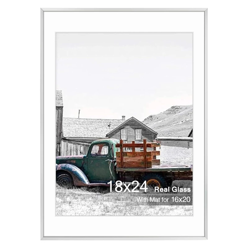 Golden State Art, 18x24 Silver Picture Frame Displays Photo 16x20 with Mat or 18 x 24 Without Mat for Wall Mounting, Classic Satin Aluminum Frames with Real Glass (Pack of 1)