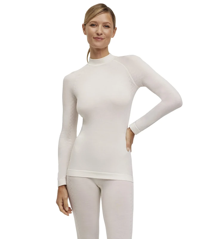 FALKE Women's Wool-Tech Round Neck W L/S SH Functional Yarn Quick Dry 1 Piece Base Layer Top, White (Off-White 2040) - Trend, S