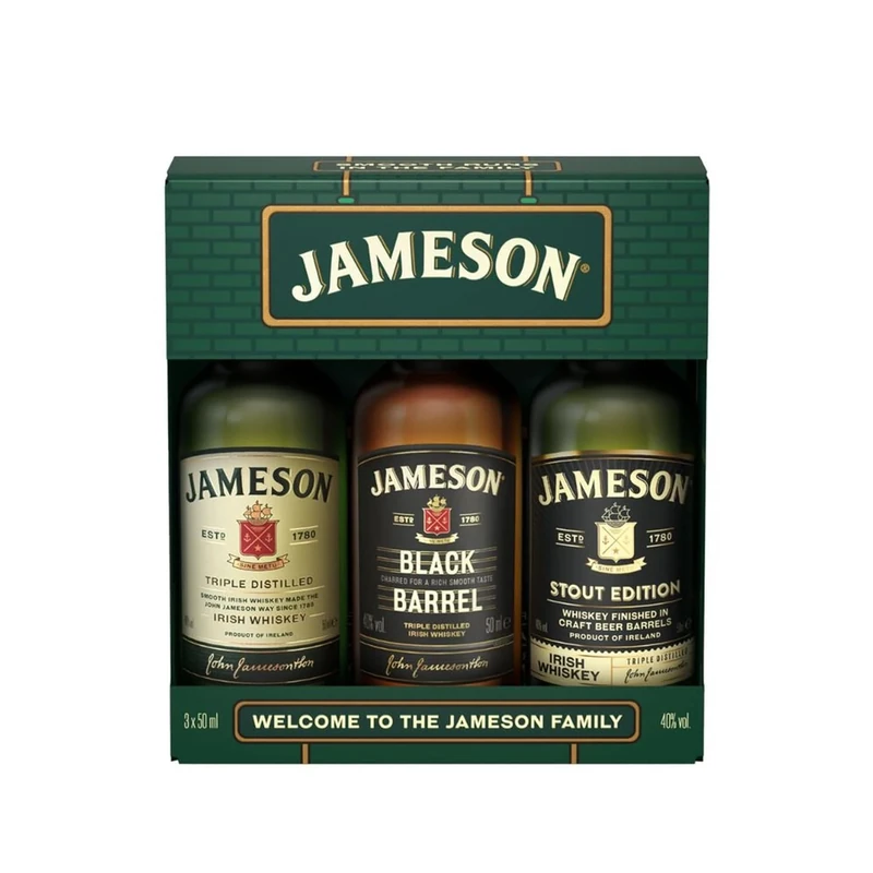 Jameson Irish Miniatures Gift Box Selection | 3 x 50ml | Jameson Original, Black Barrel and Stout Edition Triple Distilled Minis | Gift set for Birthday's and Special Occasions