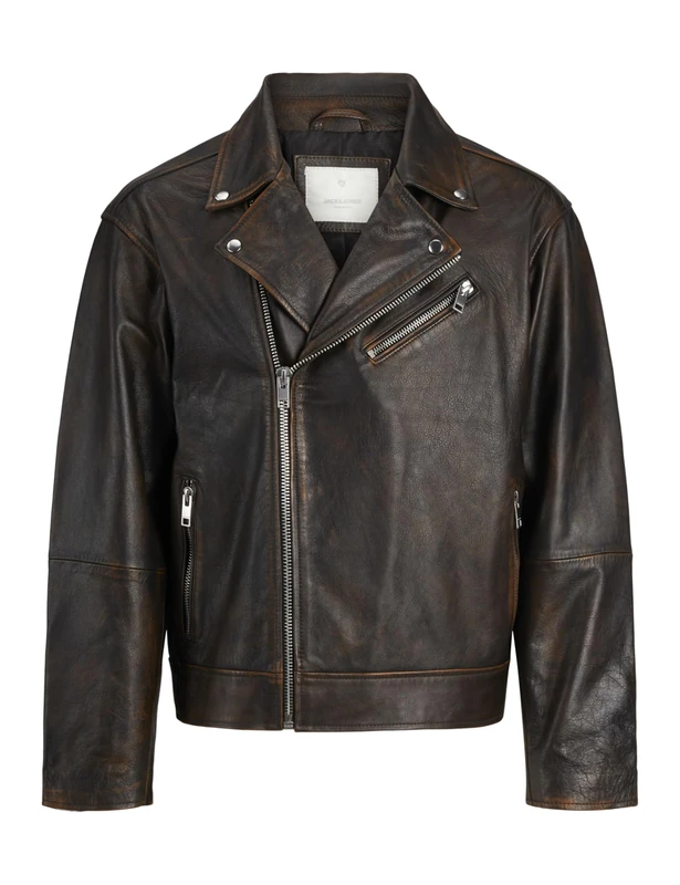 JACK&JONES JPRCCVINCE Men's Leather Biker Jacket, Brown Stone/Detail: Washed, M, Brown Stone/Detail:Washed, M