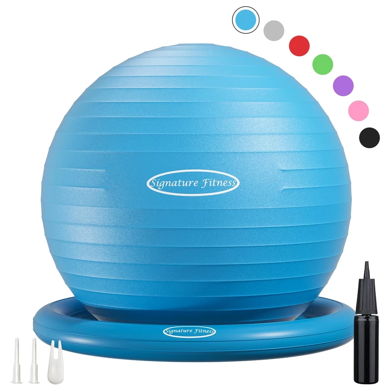 Signature Balance Ball with Base Kit, 65cm 26" Yoga Ball Chair, Exercise Ball with Inflatable Ring Base for Home or Office Desk,Includes Air Pump, Blue